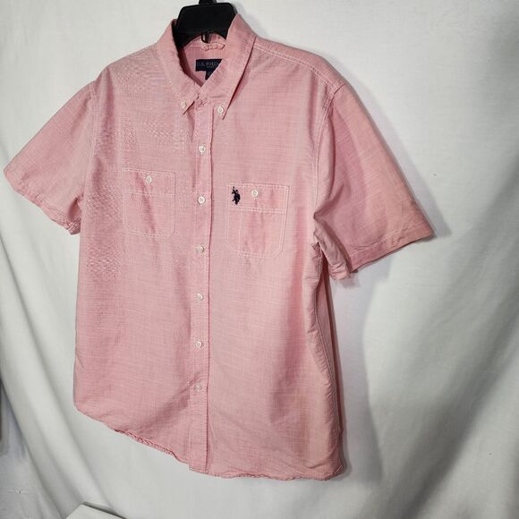 US Polo Assn Mens Shirt Large Slub Woven Barbiecore Pink Short Sleeve Button Up - Picture 3 of 9